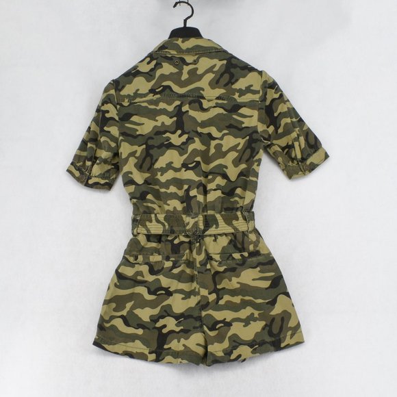 Pam & Gela Womens Romper Green Camo Puff Sleeve Zip Front Elastic Waist Jumpsuit - Picture 8 of 9